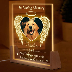 Photo personnalisée « Brille dans mon cœur » – Veilleuse LED 3D en noyer personnalisée en forme de mémorial – Cadeau de condoléances pour les propriétaires et les amoureux des animaux