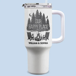 Notre endroit heureux est là où nous campons ensemble - Gobelet personnalisé en acier inoxydable de 40 oz avec poignée - Cadeau pour les amateurs de camping