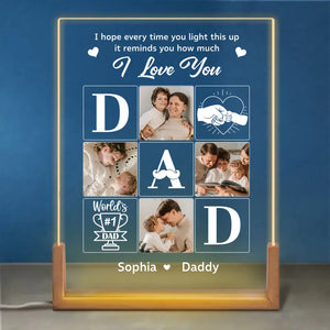 Photo personnalisée pour toujours dans mon cœur - Veilleuse LED 3D en noyer personnalisée en forme de famille - Cadeau d'anniversaire pour papa