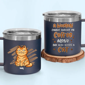 La vie est meilleure avec du café et un chat ! Gobelet personnalisé en acier inoxydable de 14 oz avec poignée, motif chat ! Cadeau pour les propriétaires et les amoureux des animaux.