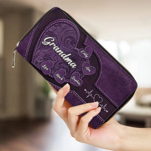 Tiens-moi la main, tiens mon cœur ! Portefeuille long en cuir personnalisé pour la famille ! Cadeau pour la fête des mères, maman et grand-mère