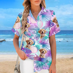 T-shirt hawaïen tropical unisexe personnalisé avec photo « Summer Vibe » pour chien et chat - Cadeau idéal pour les vacances d'été, les propriétaires d'animaux et les amoureux des animaux.