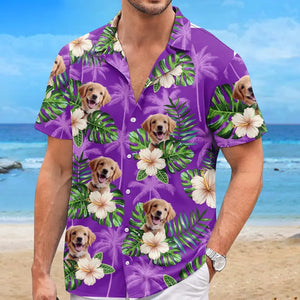 Photo personnalisée « C'est l'heure de mes vacances » - T-shirt hawaïen tropical unisexe personnalisé pour chien et chat - Cadeau de vacances d'été, cadeau pour propriétaires d'animaux et amoureux des animaux