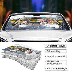 Photo personnalisée : quatre roues, un lien familial – Pare-soleil personnalisé pour pare-brise de voiture, protection de fenêtre de voiture – Cadeau pour les membres de la famille