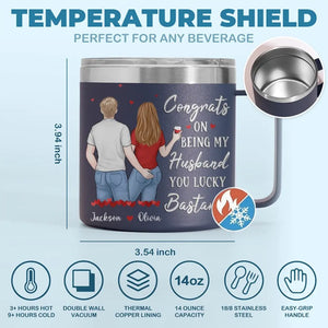 Je t'aime jour après jour - Gobelet personnalisé en acier inoxydable de 14 oz avec poignée - Cadeau pour mari et femme, anniversaire