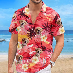 T-shirt hawaïen unisexe personnalisé avec photo « Oubliez la ville, profitez de l'été » pour chien et chat - Cadeau idéal pour les vacances d'été, les propriétaires d'animaux et les amoureux des animaux.