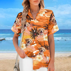 T-shirt hawaïen unisexe personnalisé avec photo « Oubliez la ville, profitez de l'été » pour chien et chat - Cadeau idéal pour les vacances d'été, les propriétaires d'animaux et les amoureux des animaux.