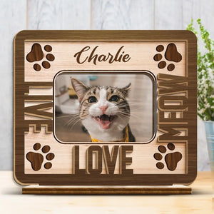 Photo personnalisée « Le bonheur est un chiot chaleureux » – Plaque en bois personnalisée à 2 couches avec support plat pour chien et chat – Cadeau de pendaison de crémaillère pour propriétaires et amoureux des animaux