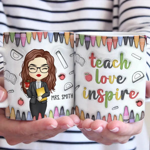 Enseigner, aimer, inspirer - Mug personnalisé avec effet gonflé 3D - Cadeau pour enseignant