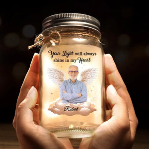 Ange photo personnalisé d'en haut, veille sur moi avec amour - Lampe commémorative personnalisée en pot Mason - Cadeau de condoléances pour les membres de la famille