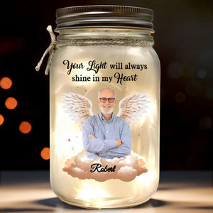 Ange photo personnalisé d'en haut, veille sur moi avec amour - Lampe commémorative personnalisée en pot Mason - Cadeau de condoléances pour les membres de la famille