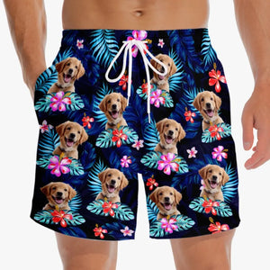 Short de plage hawaïen personnalisé avec photo « Joyeux moments et soleil » pour chien et chat, motif tropical Aloha pour homme - Cadeau idéal pour les vacances d'été, les anniversaires et les amoureux des animaux.
