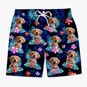 Short de plage hawaïen personnalisé avec photo « Joyeux moments et soleil » pour chien et chat, motif tropical Aloha pour homme - Cadeau idéal pour les vacances d'été, les anniversaires et les amoureux des animaux.