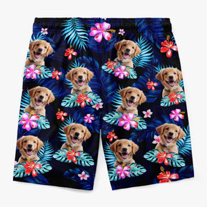 Short de plage hawaïen personnalisé avec photo « Joyeux moments et soleil » pour chien et chat, motif tropical Aloha pour homme - Cadeau idéal pour les vacances d'été, les anniversaires et les amoureux des animaux.