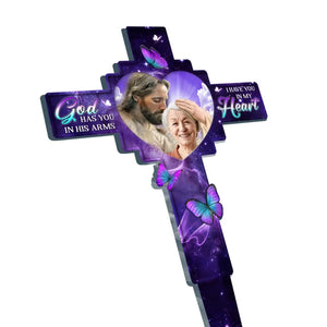 Photo personnalisée « Dieu vous tient dans ses bras » – Piquet de jardin en acrylique personnalisé de style vitrail – Cadeau de condoléances pour les membres de la famille