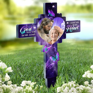 Photo personnalisée « Dieu vous tient dans ses bras » – Piquet de jardin en acrylique personnalisé de style vitrail – Cadeau de condoléances pour les membres de la famille
