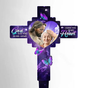 Photo personnalisée « Dieu vous tient dans ses bras » – Piquet de jardin en acrylique personnalisé de style vitrail – Cadeau de condoléances pour les membres de la famille