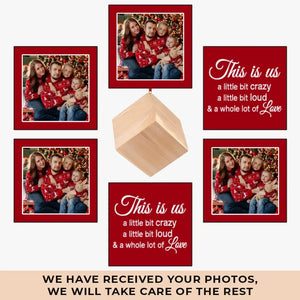 Photo personnalisée à chaque Noël : j'enveloppe ma famille d'amour ! - Décoration de Noël personnalisée en forme de cube en bois - Cadeau de Noël pour les membres de la famille