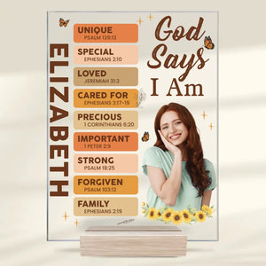 Photo personnalisée Dieu dit que je suis unique amour-propre - Affirmation personnalisée plaque acrylique rectangulaire personnalisée - Cadeau pour vous-même