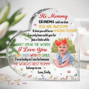 Photo personnalisée Laissez votre amour briller à travers chaque regard - Plaque acrylique personnalisée en forme de cœur pour la famille - Cadeau de fête des mères, de baby shower, pour la première maman