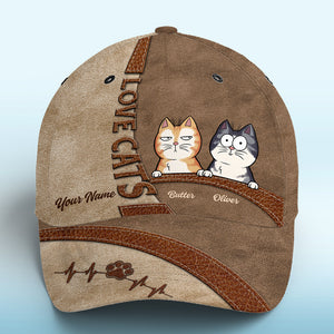 Casquette personnalisée « Keep Calm And Love Cats » marron, motif chat, imprimé intégral, classique, nouveauté, cadeau pour les propriétaires et les amoureux des animaux.