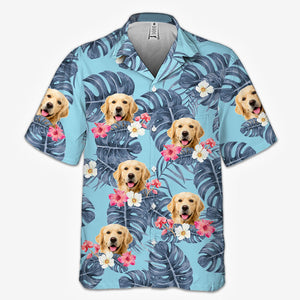 Feuilles tropicales et animaux de compagnie - T-shirt hawaïen unisexe personnalisé pour chien et chat - Télécharger une image, visage de chien, visage de chat - Cadeau vacances d'été, cadeau pour propriétaires d'animaux et amoureux des animaux