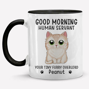Tasse personnalisée « Bonjour, serviteur humain » avec motif chat - Cadeau pour la fête des pères et des mères, pour les propriétaires d'animaux et les amoureux des animaux.