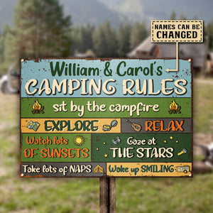Sit By The Campfire Explore & Relax - Camping Rules - Personalized Metal Sign.