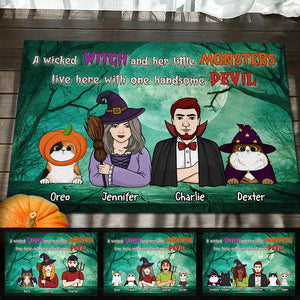 A Wicked Witch And Her Little Monsters Live Here With One Handsome Devil - Personalized Decorative Mat, Halloween Ideas..