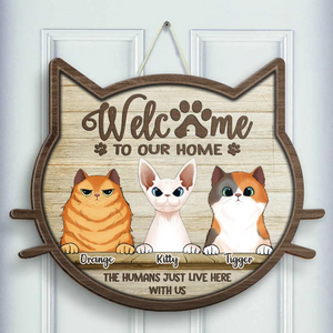 Bienvenue chez nous, plaque de porte personnalisée en forme de tête de chat