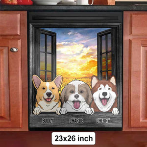 Dogs And Cats By The Windows In The Kitchen - Personalized Dishwasher Cover.