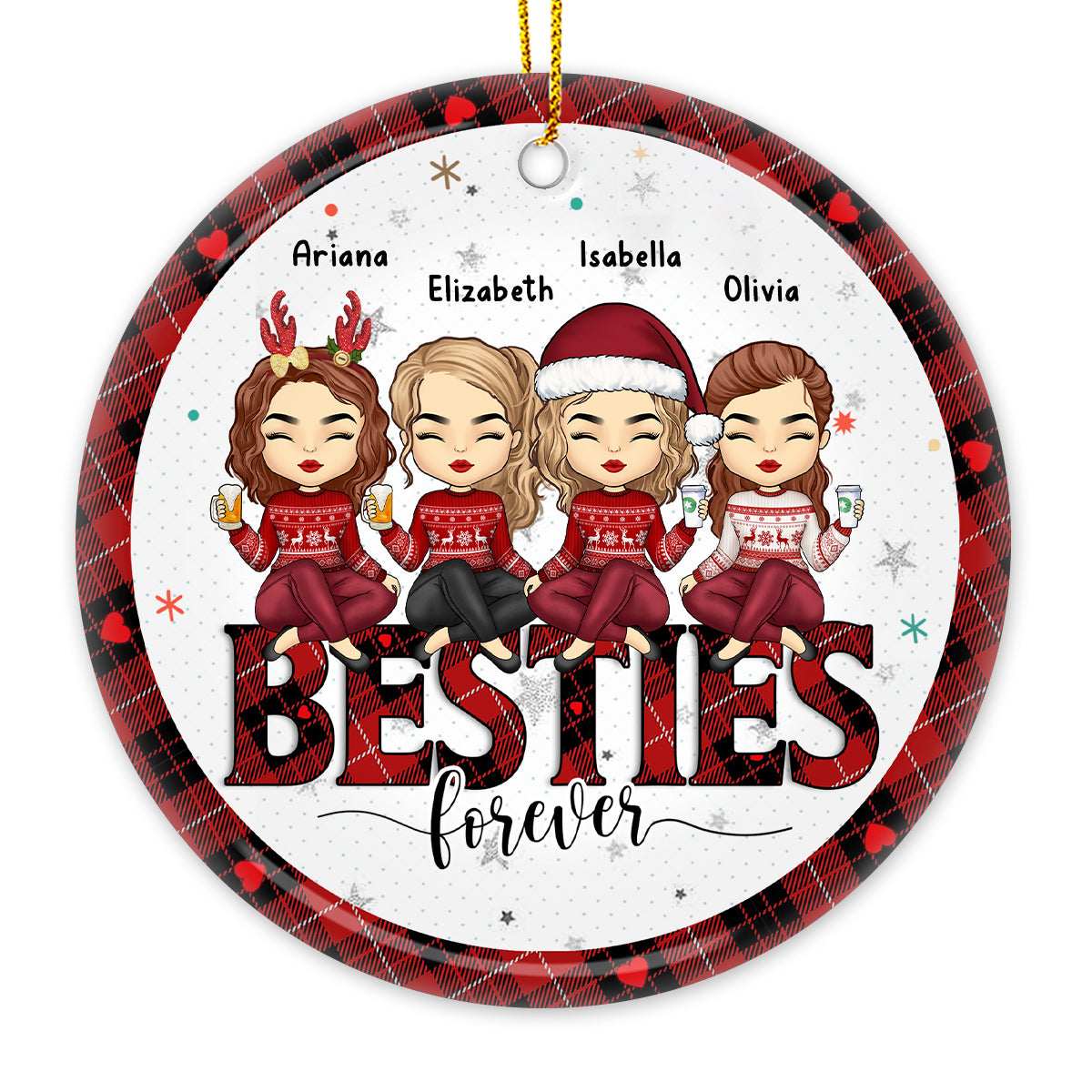 Besties By Heart - Bestie Personalized Custom Ornament - Ceramic Round Shaped - Christmas Gift For Best Friends, BFF, Sisters