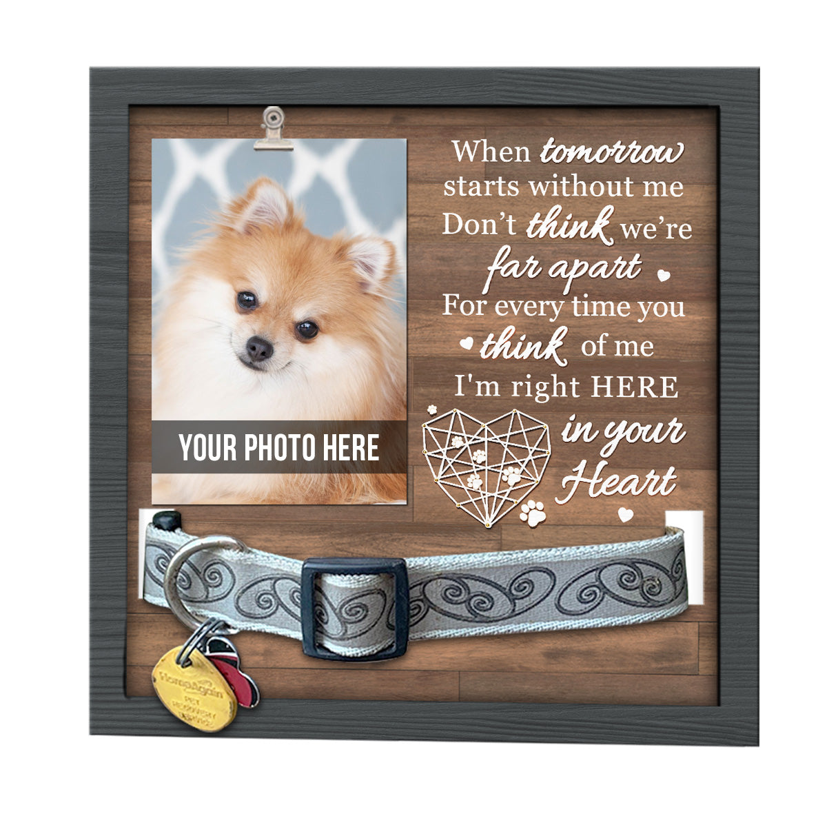 Pour chaque fois que tu penses à moi, je suis là dans ton cœur - Panneau commémoratif pour la perte d'un animal de compagnie, cadre photo pour collier - Cadeau de sympathie, cadeau pour les propriétaires d'animaux, les amoureux des animaux