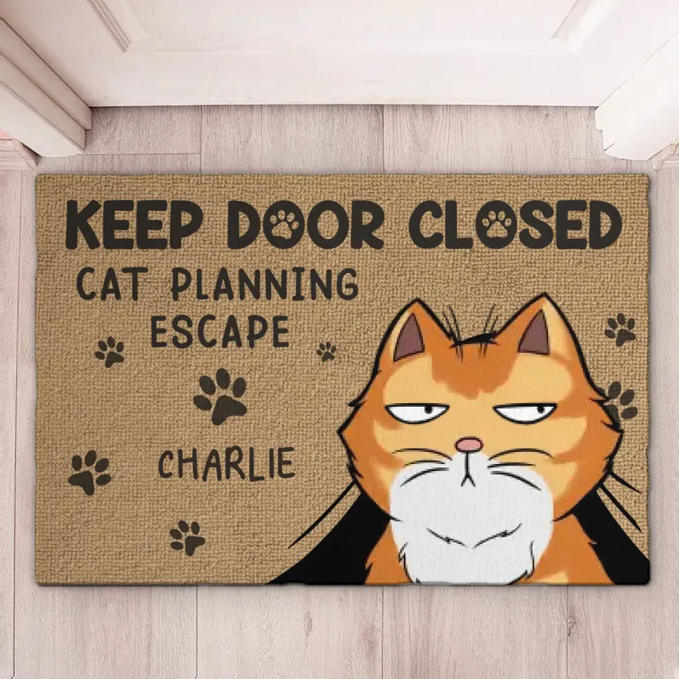 Veuillez garder la porte fermée, les chats planifient une évasion - Tapis décoratif personnalisé pour chat - Cadeau de pendaison de crémaillère pour les amoureux des animaux, les propriétaires d'animaux