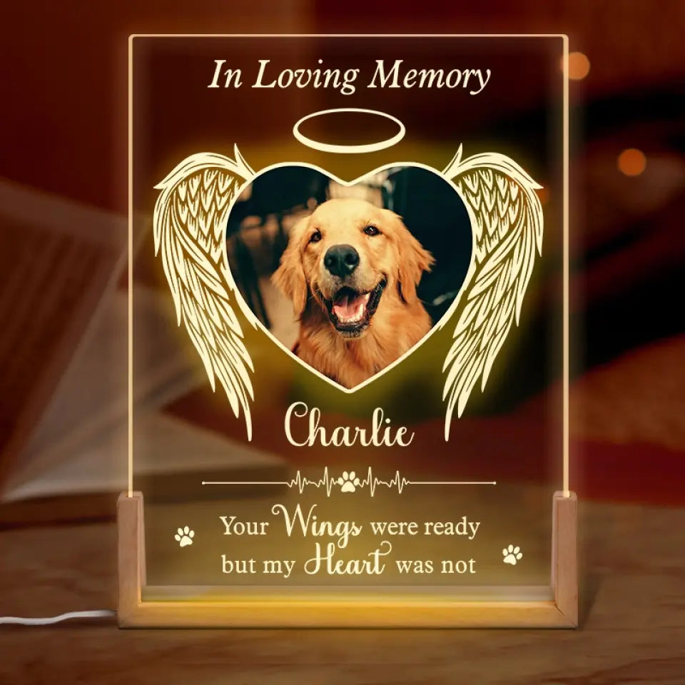 Photo personnalisée « Brille dans mon cœur » – Veilleuse LED 3D en noyer personnalisée en forme de mémorial – Cadeau de condoléances pour les propriétaires et les amoureux des animaux