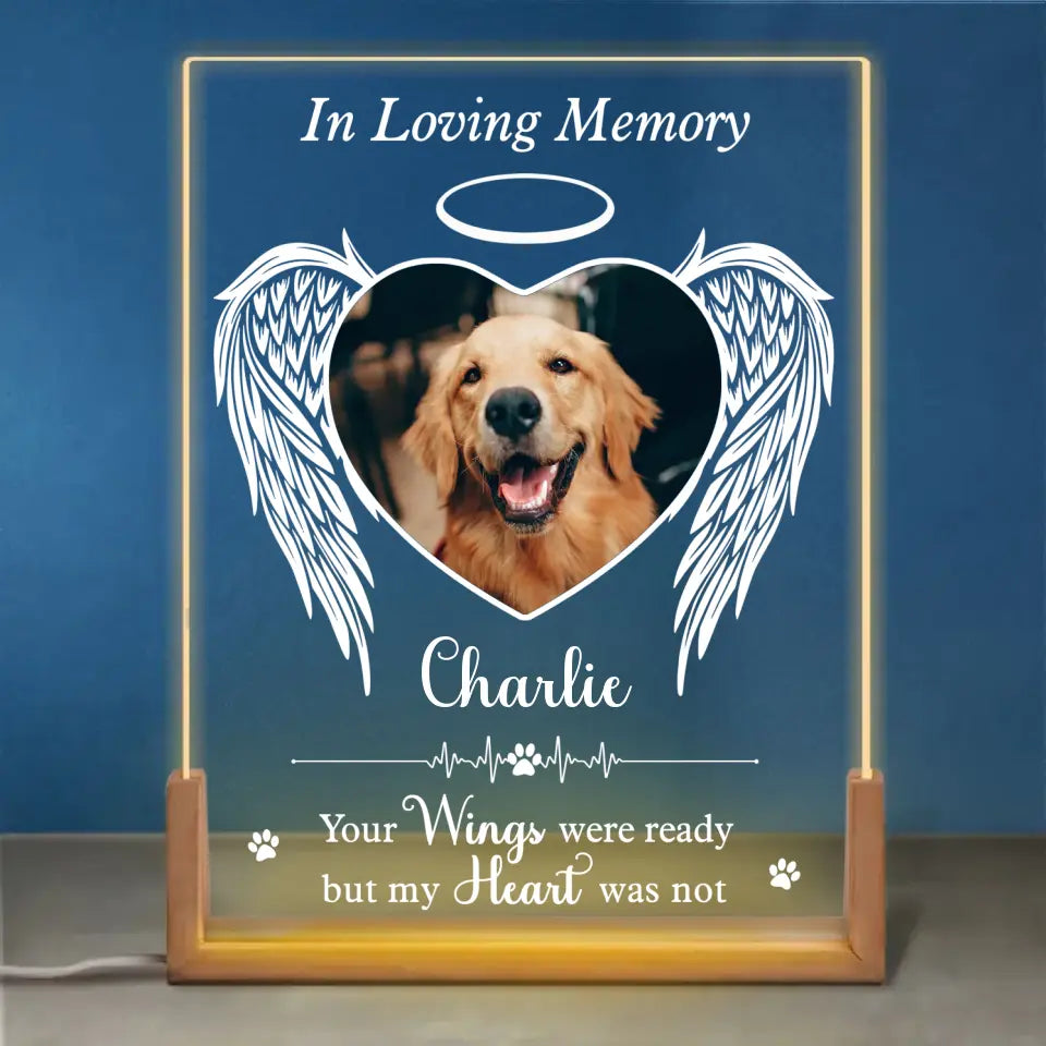 Photo personnalisée « Brille dans mon cœur » – Veilleuse LED 3D en noyer personnalisée en forme de mémorial – Cadeau de condoléances pour les propriétaires et les amoureux des animaux