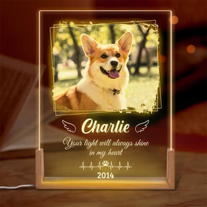 Photo personnalisée « L'amour d'un chien est éternel » - Veilleuse LED 3D en noyer personnalisée et personnalisée - Cadeau de condoléances pour les propriétaires et les amoureux des animaux