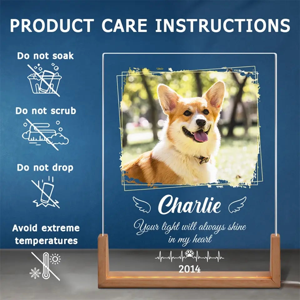 Photo personnalisée « L'amour d'un chien est éternel » - Veilleuse LED 3D en noyer personnalisée et personnalisée - Cadeau de condoléances pour les propriétaires et les amoureux des animaux