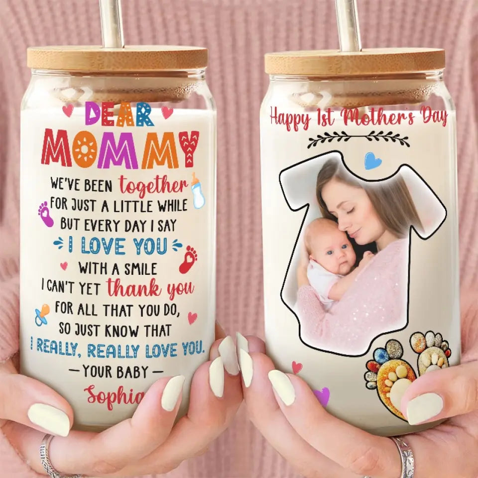 Custom Photo I Love You With A Smile - Family Personalized Custom Glass Cup, Iced Coffee Cup - Mother's Day, Baby Shower Gift, Gift For First Mom
