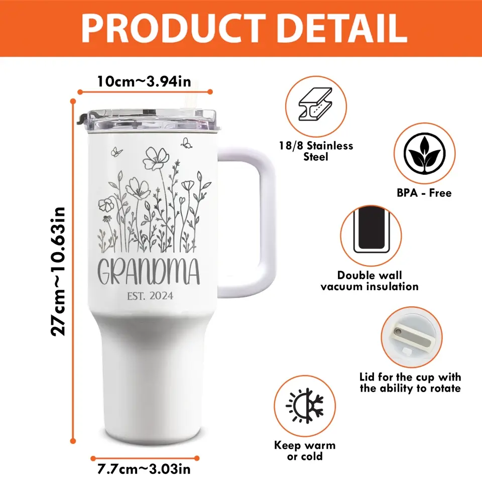 D'abord ma grand-mère, pour toujours mon amie - Gobelet personnalisé en acier inoxydable de 40 oz avec poignée - Fête des Mères, cadeau pour maman, grand-mère