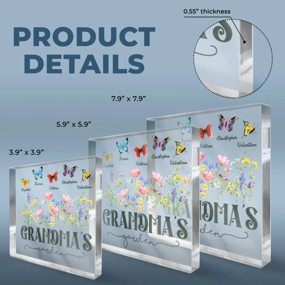 Des fleurs s'épanouissent dans le jardin d'amour de grand-mère - Plaque acrylique carrée personnalisée pour la famille - Cadeau pour maman et grand-mère