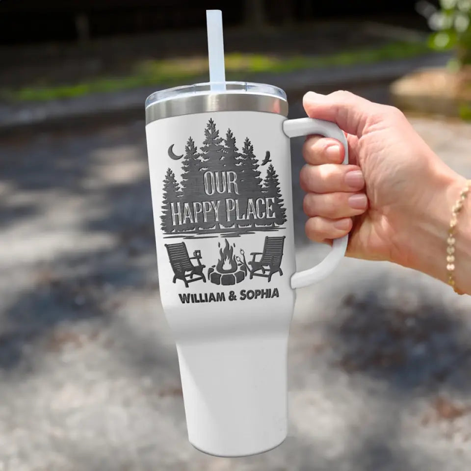 Notre endroit heureux est là où nous campons ensemble - Gobelet personnalisé en acier inoxydable de 40 oz avec poignée - Cadeau pour les amateurs de camping