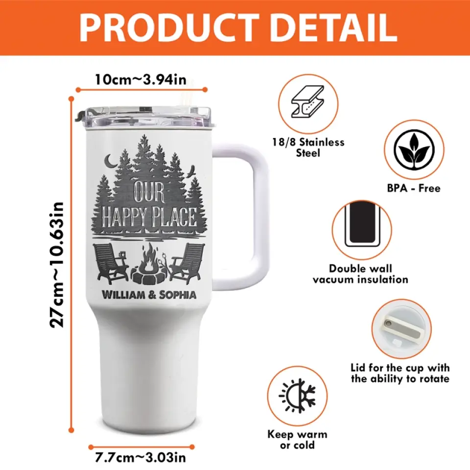 Notre endroit heureux est là où nous campons ensemble - Gobelet personnalisé en acier inoxydable de 40 oz avec poignée - Cadeau pour les amateurs de camping