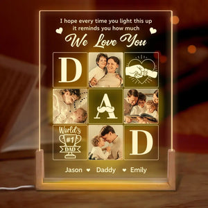 Photo personnalisée pour toujours dans mon cœur - Veilleuse LED 3D en noyer personnalisée en forme de famille - Cadeau d'anniversaire pour papa