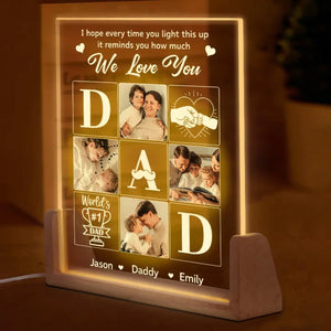Photo personnalisée pour toujours dans mon cœur - Veilleuse LED 3D en noyer personnalisée en forme de famille - Cadeau d'anniversaire pour papa