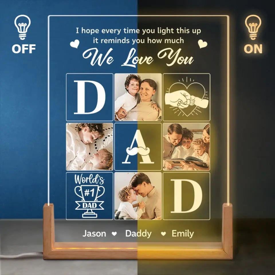 Photo personnalisée pour toujours dans mon cœur - Veilleuse LED 3D en noyer personnalisée en forme de famille - Cadeau d'anniversaire pour papa