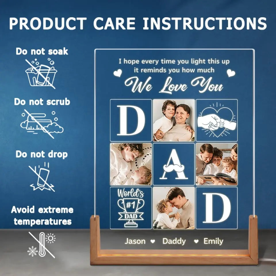 Photo personnalisée pour toujours dans mon cœur - Veilleuse LED 3D en noyer personnalisée en forme de famille - Cadeau d'anniversaire pour papa