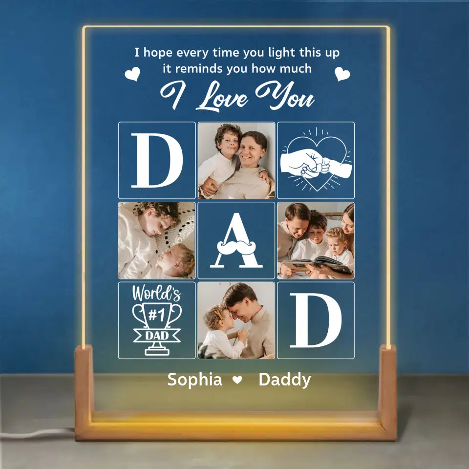 Photo personnalisée pour toujours dans mon cœur - Veilleuse LED 3D en noyer personnalisée en forme de famille - Cadeau d'anniversaire pour papa