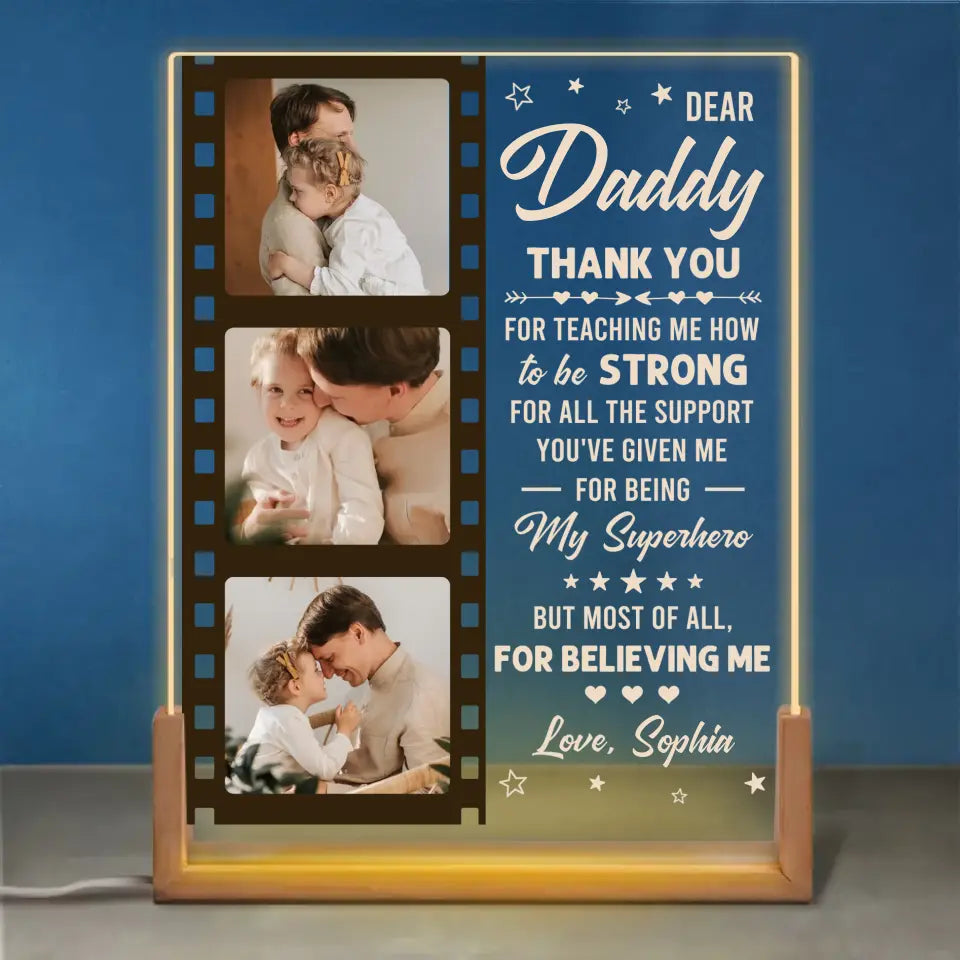 Photo personnalisée Merci papa de m'avoir appris à être fort - Veilleuse LED 3D en noyer personnalisée en forme de famille - Cadeau de fête des pères, d'anniversaire pour papa