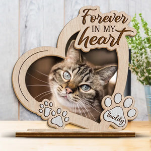 Photo personnalisée « Pour toujours dans mon cœur » – Plaque commémorative personnalisée en bois à 2 couches avec support plat – Cadeau de pendaison de crémaillère pour propriétaires et amoureux des animaux